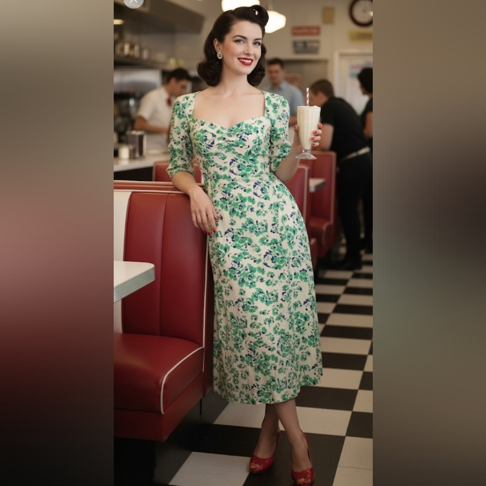 SUNCOO Green Floral Midi Dress